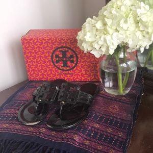 Tory Burch Black Patent Leather Square Millers